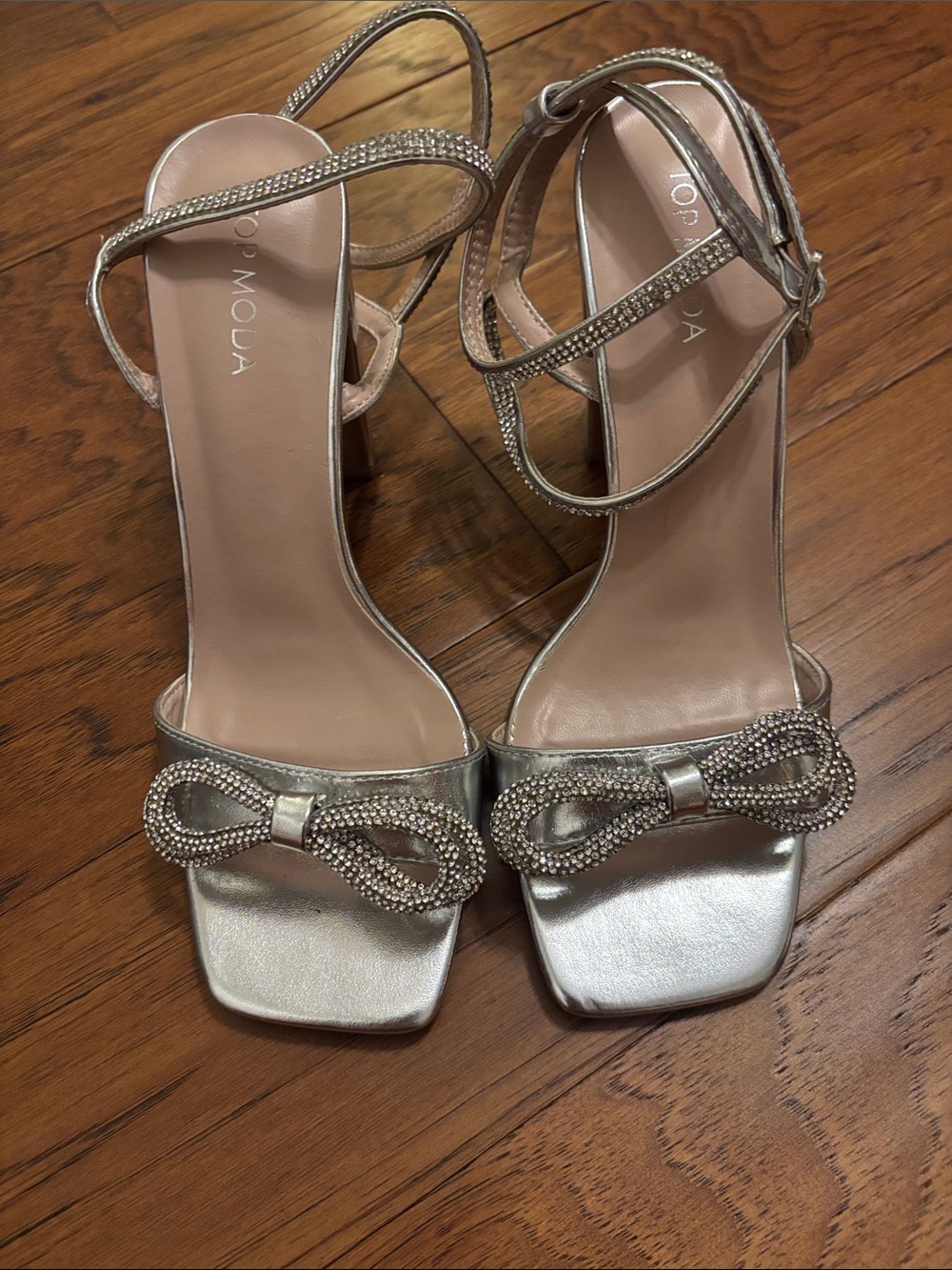 TOP Moda Silver Rhinestone Bow Ankle-Strap Heels